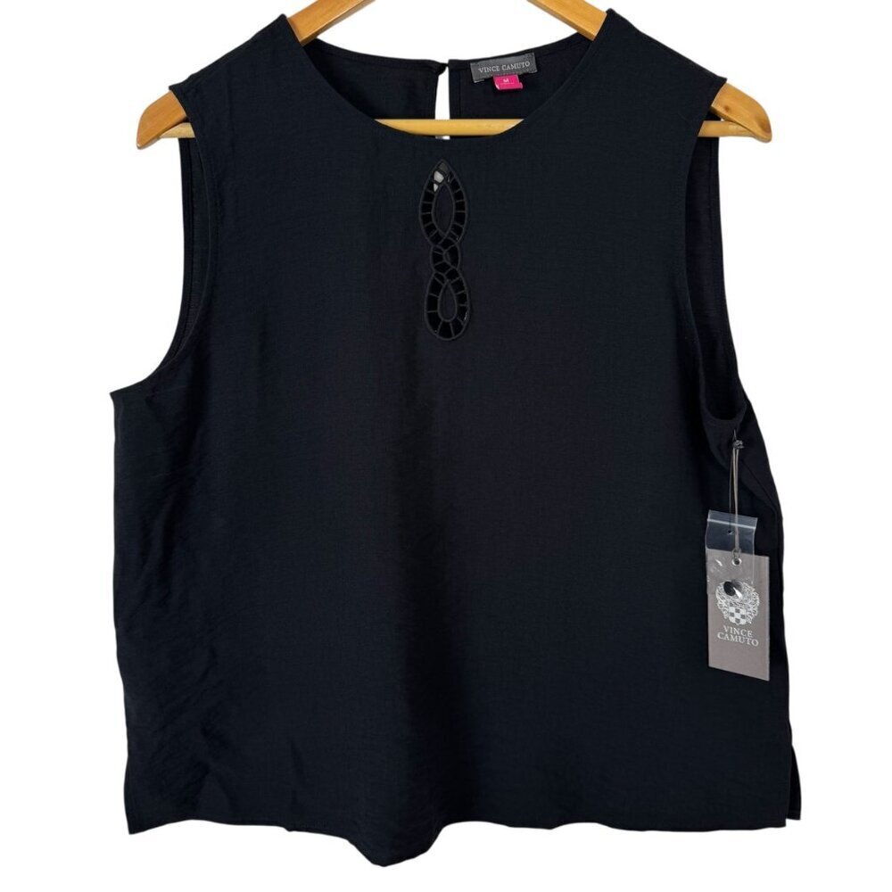 Vince Camuto NEW Summer Swirl Black Tank Top Blouse Eyelet Cut Out Women's Med